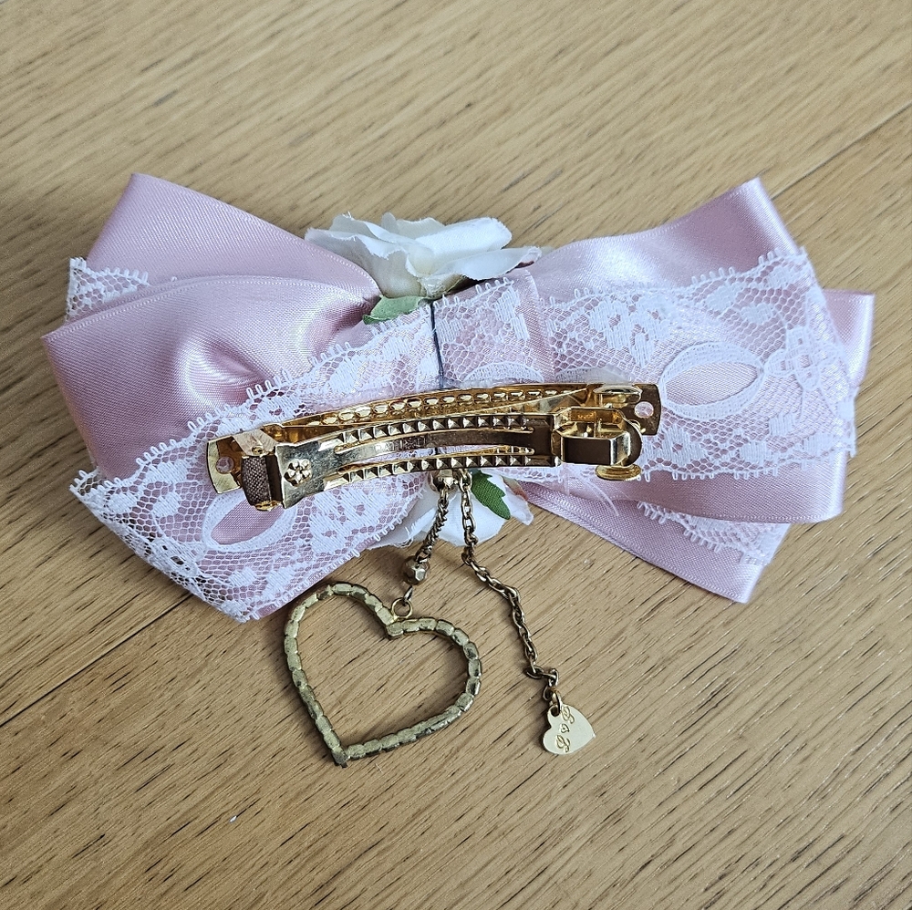 Rare La Pafait Gyaru Pink Satin White Lace Rose Bow Barette Heart Charms - Picture 8 of 9